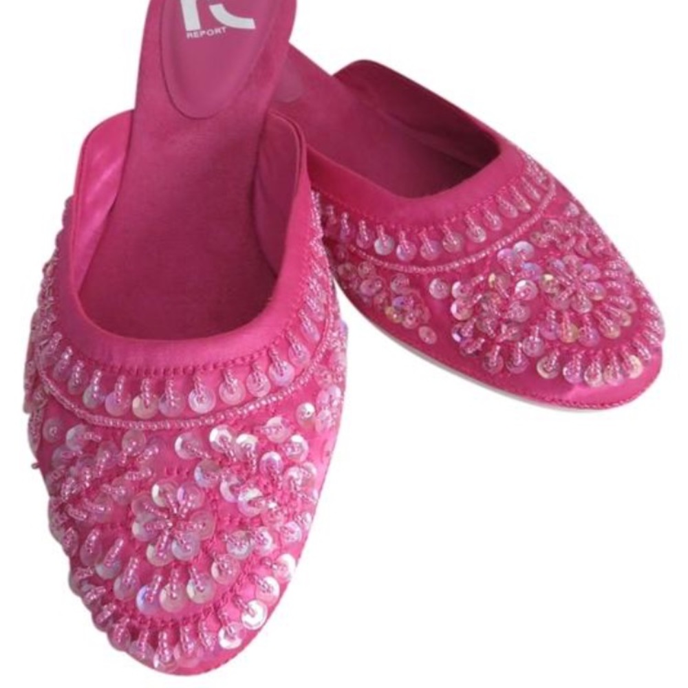 NIB Women's Girl's Pink Satin & Suede Mules Shoes With Beads & Sequins Size 8